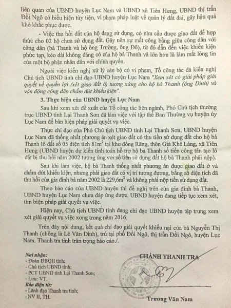 Thanh tra tỉnh Bắc Giang kết luận UBND huyện Lục Nam, UBND thị trấn Đồi Ngô, UBND xã Tiên Hưng có biểu hiện tùy tiện, vi phạm pháp luật về quản lý đất đai, gây hậu quả khó khắc phục được