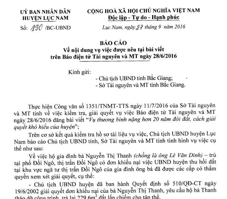 Báo cáo của UBND huyện Lục Nam gửi Chủ tịch UBND tỉnh Bắc Giang, Sở TN&MT vào ngày 27/9/2016, chậm hơn 2 tháng so với đề nghị của Sở TN&MT
