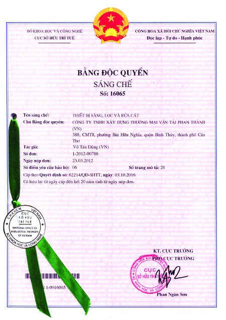 Bằng độc quyền sáng chế thiết bị sàng lọc, rửa sạch cát