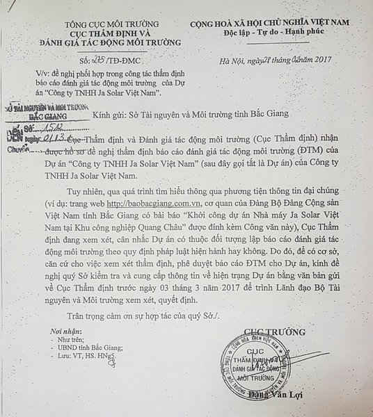 Theo nội dung trong Công văn này Cục thẩm định ĐTM thì Dự án đã được khởi công xây dựng từ trước đó gần 3 tháng khi chưa hề có ĐTM được Bộ TN&MT phê duyệt