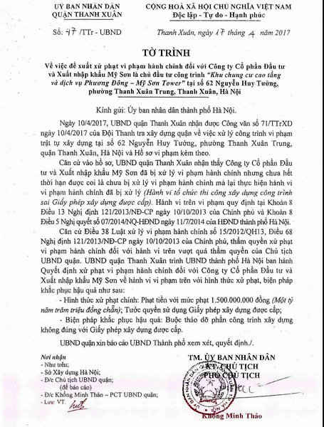 UBND quận Thanh Xuân đề xuất UBND TP. Hà Nội ra quyết định xử phạt 1,5 tỷ đồng và yêu cầu Công ty Mỹ Sơn phải tháo dỡ phần vi phạm