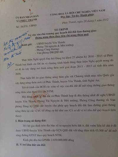Tờ trình của UBND xã Phúc Thành.