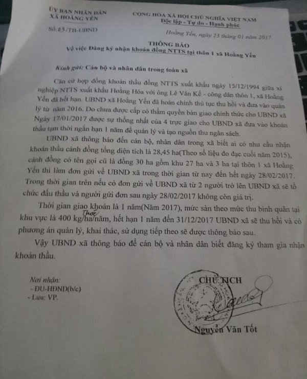 Thông báo khoán thầu “rộng rãi” mà không người dân nào biết của UBND xã Hoằng Yến