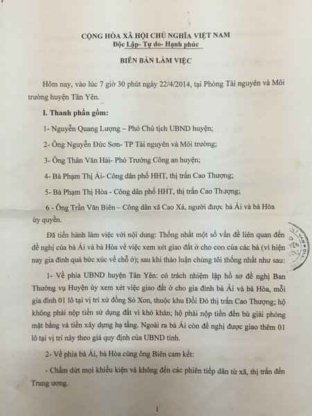 Biên bản làm việc giữa chính quyền huyện Tân Yên và chị em nhà bà Ái đã thống nhất trách nhiệm của các bên, tuy nhiên tới phút cuối, huyện Tân Yên đã