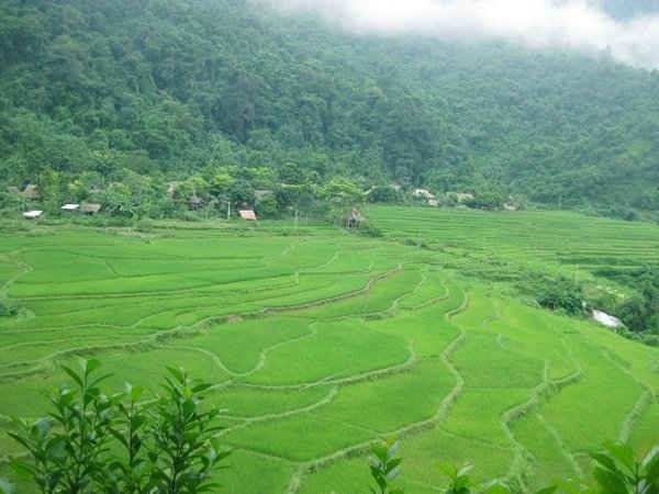 Những ngôi nhà sàn đơn sơ cổ kính nép bên sườn núi đẹp nên thơ.