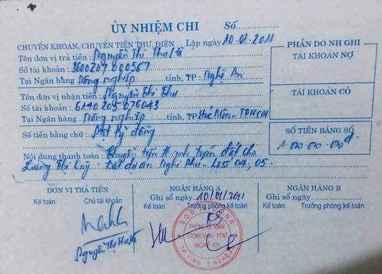 Các giấy tờ liên quan đến việc nộp tiền mua đất dự án Minh Khang của bà Lương Thị Quỳ với số tiền 1 tỷ đồng