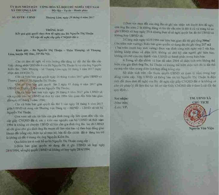  Thông báo Kết quả giải quyết đơn đề nghị của bà Nguyễn Thị Thuận về việc đề nghị cấp Giấy CNQSD đất ở