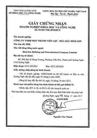 Giấy chứng nhận của Sở Khoa học Công nghệ Quảng Ngãi cấp