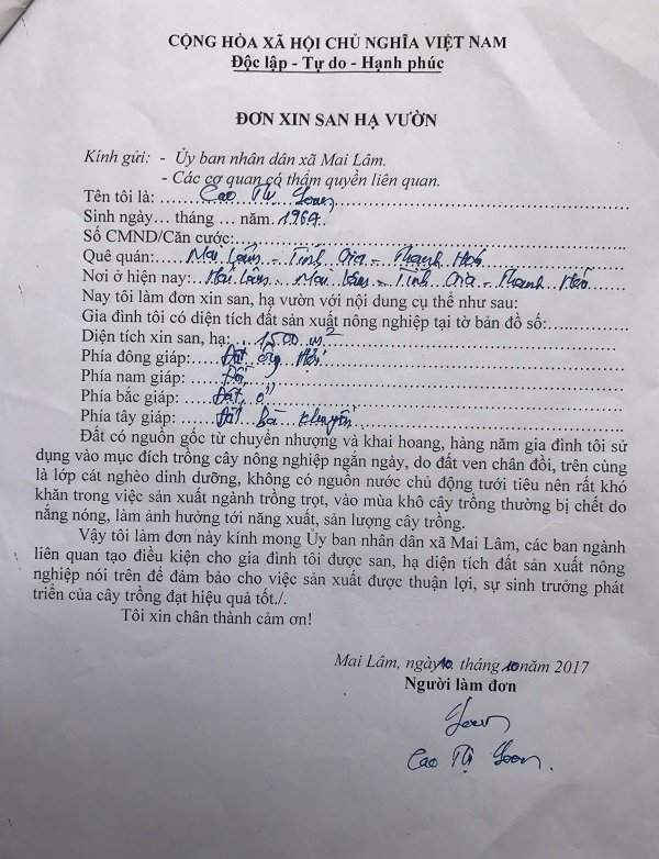 Đơn xin san gạt đất của các hộ dân nhưng chưa được các cơ quan chức năng đồng ý