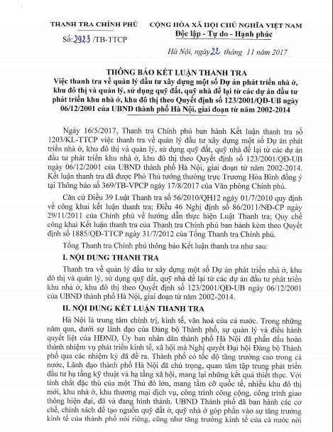 Kết luận thanh tra về quản lý đầu tư xây dựng một số Dự án phát triển nhà ở, khu đô thị và quản lý, sử dụng quỹ đất, quỹ nhà để lại từ các dự án đầu tư phát triển khu nhà ở, khu đô thị theo QĐ 123/2001/QĐ-UB của UBND TP. Hà Nội.