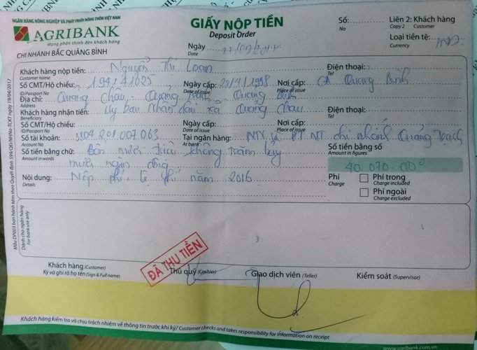 Giấy nộp tiền ngân sách UBND xã Quảng Châu vào NHNN&PTNT