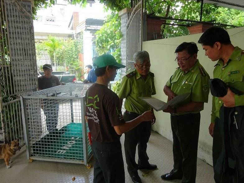 Các cán bộ kiểm lâm hoàn thiện thủ tục để chuyển giao Gấu (Ảnh ENV)