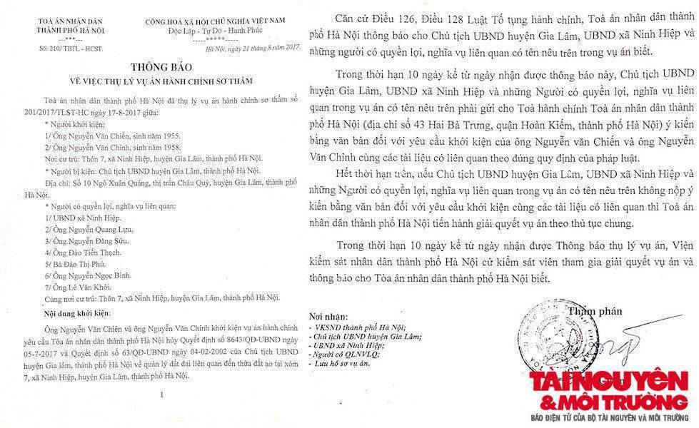 TAND TP. Hà Nội thông báo thụ lý vụ án hành chính sơ thẩm giữa người khởi kiện là ông Chiến và ông Chỉnh với người bị kiện là Chủ tịch UBND huyện Gia Lâm.