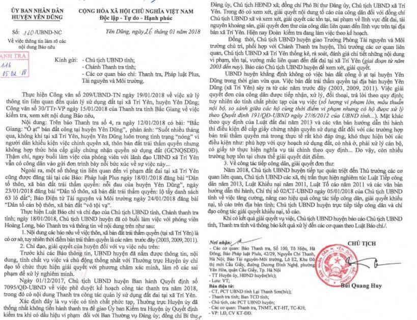 Bắc Giang: Chủ tịch tỉnh chỉ đạo xử lý nghiêm sai phạm bán đất trái thẩm quyền ở xã Trí Yên.