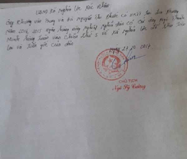Xác nhận của UBND xã Nghĩa Lộc về việc Minh vào thu tiền gốc và lãi vay của khách hàng vào chiều thứ 5 hàng tuần tại địa bàn