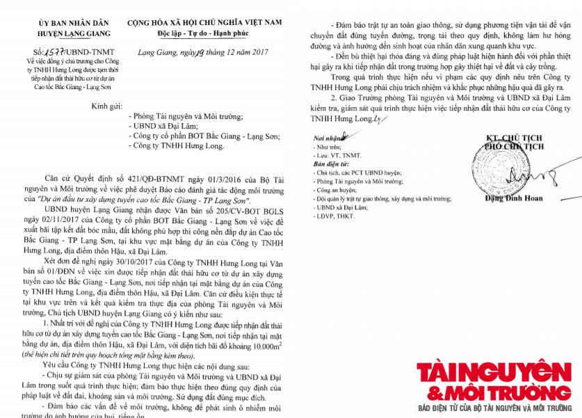 Văn bản UBND huyện Lạng Giang cho phép Công ty TNHH Chiến Đại Thắng tiếp nhận đất chất thải hữu cơ.