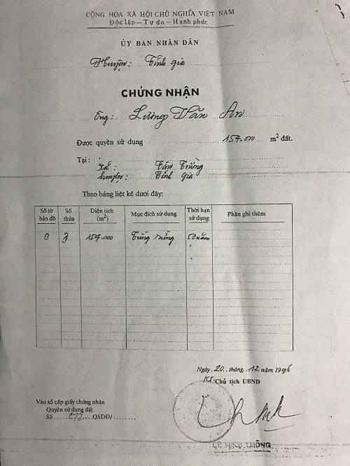 Giấy chứng nhận quyền sử dụng đất của ông An được UBND huyện Tĩnh Gia cấp năm 1996