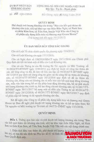 quyết định phê duyệt trữ lượng cát