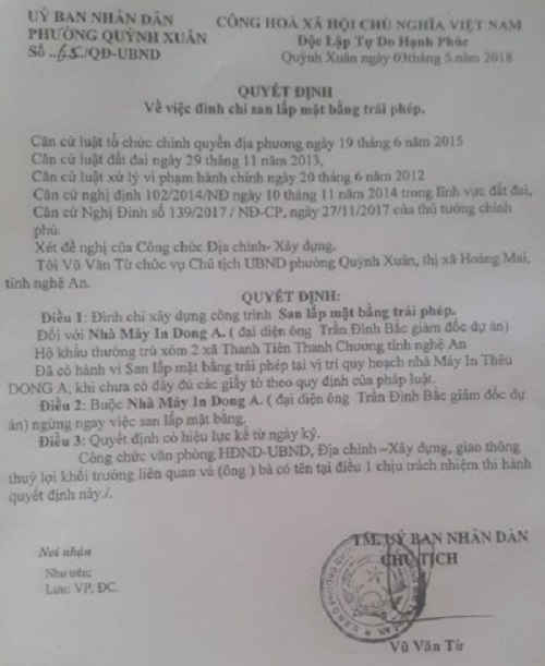 Quyết định đình chỉ san lấp mặt bằng trái phép tại dự án Nhà máy in, thêu Dong A