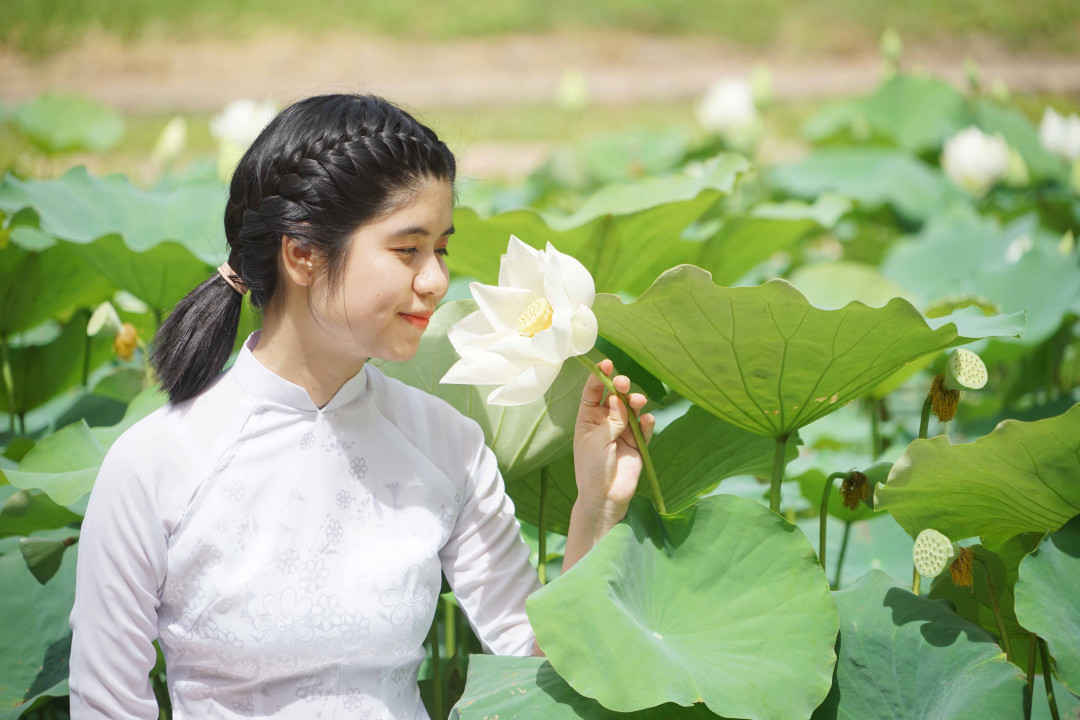 Thiếu nữ tạo dáng bên bông sen trắng