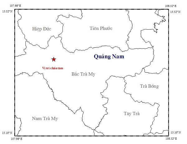 Vị trí nơi xảy ra động đất 3.1 độ Richter ở huyện Bắc Trà My.