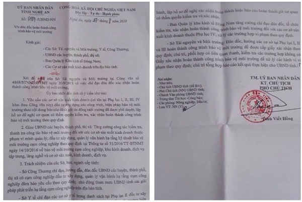 Văn bản đôn đốc hoàn thành công trình BVMT của UBND tỉnh Nghệ An