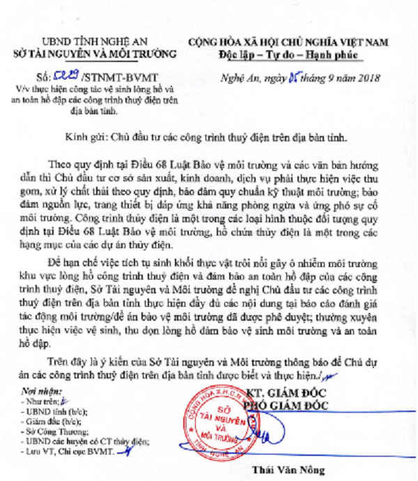 Văn bản mới nhất của Sở TN&MT Nghệ An yêu cầu các nhà máy thủy điện phải có trách nhiệm thường xuyên thực hiện vệ sinh, thu dọn lòng hồ đảm bảo vệ sinh môi trường và an toàn hồ đập