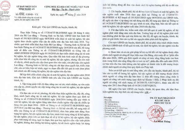 Công văn yêu cầu chấn chỉnh công tác rà soát hộ nghèo, cận nghèo năm 2018 của UBND tỉnh Nghệ An