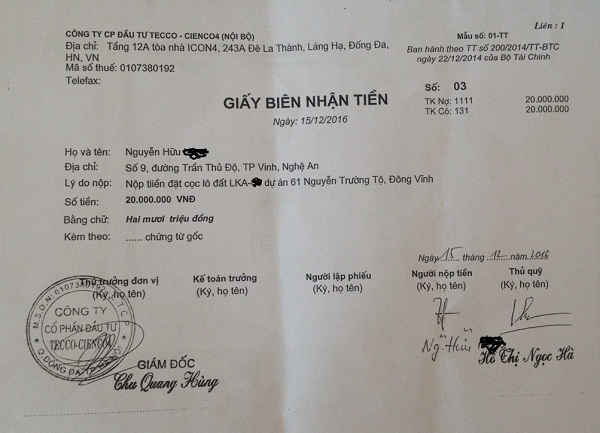 Giấy biên nhận tiền đặt cọc 20 triệu đồng từ khách hàng của Công ty Cổ phần đầu tư Tecco – Cienco4 (nay là Cienco4 Land)