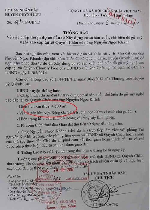 Thông báo số 147/TB-UBND về việc chấp thuận chủ trương đầu tư dự án cơ sở sản xuất, chế biến đồ gỗ mỹ nghệ cao cấp tại xã Quỳnh Châu của ông Nguyễn Ngọc Khánh với diện tích chỉ là 4.500m2