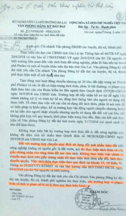 Ảnh công văn số 322 của Văn phòng đăng ký đất đai tỉnh Gia Lai