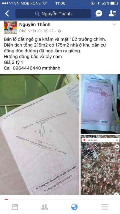Ảnh một cá nhân đưa lô đất trên lên mạng xã hội facebook rao bán
