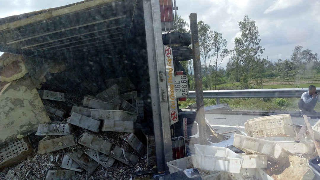 Chiếc xe tải chở cá tươi lưu thông hướng Đà Nẵng - Quảng Ngãi trên cao tốc bị lật nhào