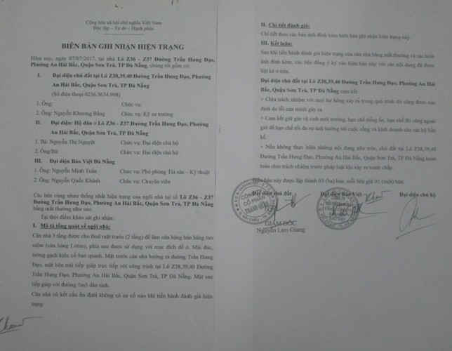 Biên bản ghi nhận hiện trạng nhà bà Nguyệt có kết cấu ổn định, không có sự cố nào trước khi xây dựng khách sạn Vina Connect
