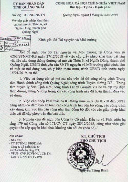 Chính quyền tỉnh Quảng Ngãi đã có văn bản yêu cầu Sở TN&MT giải trình và báo cáo việc tham mưu cấp phép khai thác cát cho một số doanh nghiệp trong thời gian 'cấm' hàng năm