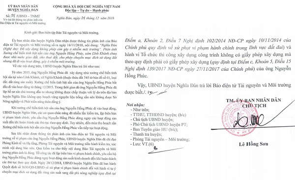 Công văn trả lời Báo TN&MT của UBND huyện Nghĩa Đàn
