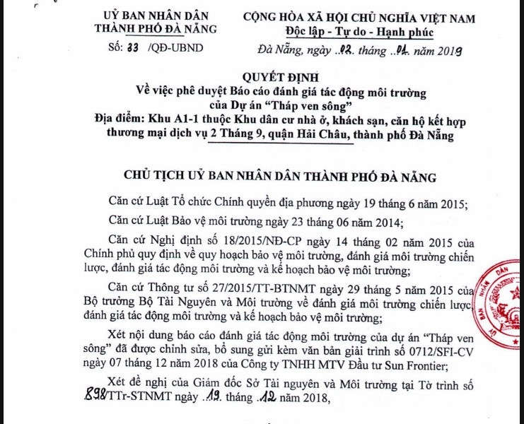 Quyết định phê duyệt Báo cáo đánh giá tác động môi trường của dự án “Tháp ven sông”