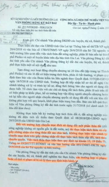 Ảnh công văn số 322 của Văn phòng đăng ký đất đai tỉnh Gia Lai