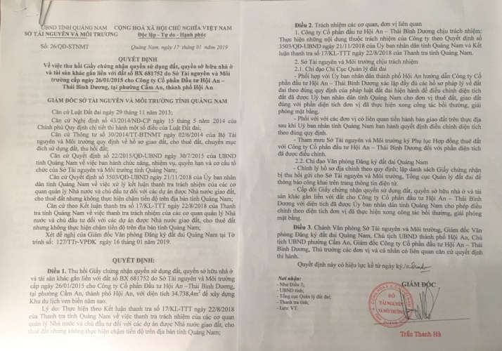 QĐ số 26/QĐ-STNMT ngày 17/01/2019 của Giám đốc Sở Tài nguyên và Môi trường tỉnh Quảng Nam về việc thu hồi GCNQSDĐ đã cấp trái luật cho Cty CP Đầu tư Hội An - Thái Bình Dương