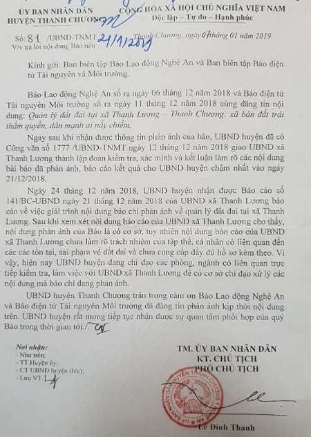 Công văn số 81/UBND-TNMT về việc trả lời nội dung báo nêu của UBND huyện Thanh Chương