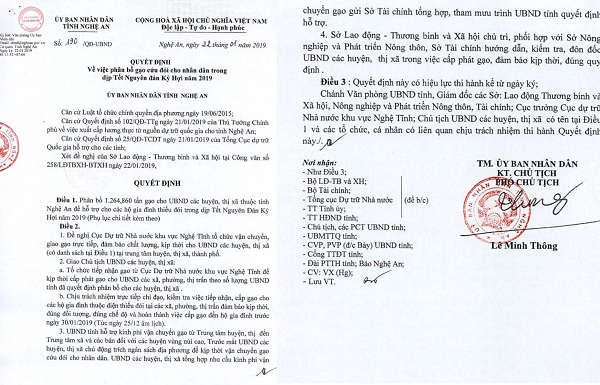Quyết định phân bổ gần 1.300 tấn gạo cứu đối dịp Tết Kỷ Hợi 2019