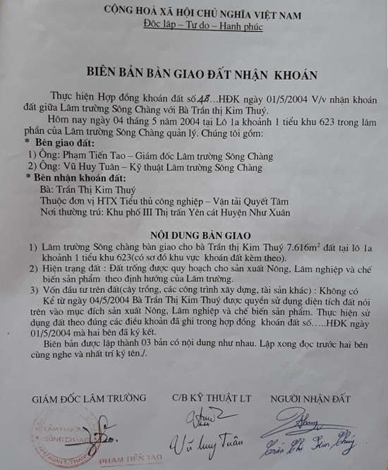 Biên bản giao khoán đất với mục đích sản xuất nông, lâm nghiệp giữa Lâm trường Sông Chàng và bà Trần Thị Kim Thúy