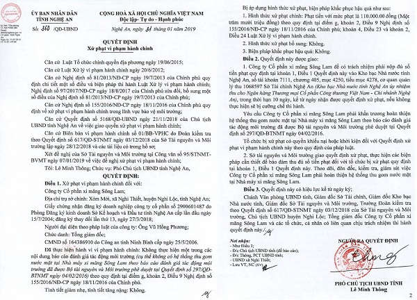 UBND tỉnh Nghệ An xử phạt vi phạm hành chính về lĩnh vực môi trường 110 triệu đồng đối với Công ty CP xi măng Sông Lam