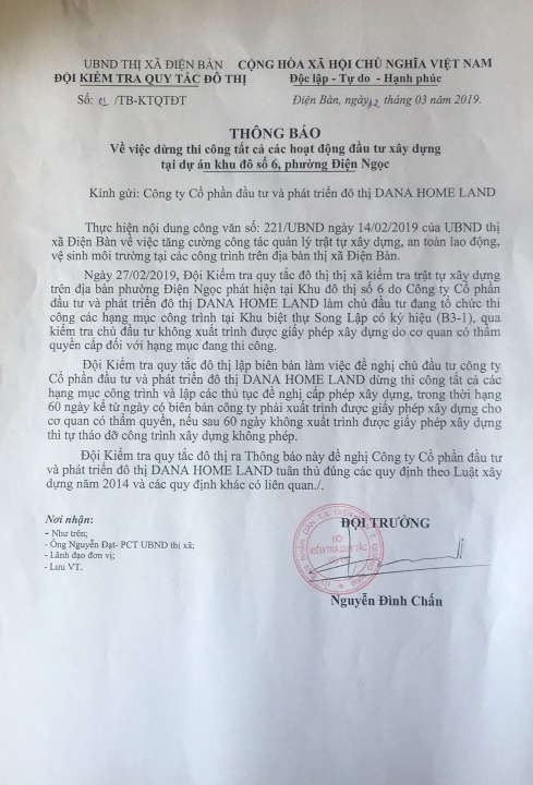 Thông báo số 01/TB-KTQTĐT ngày 12/3/2019 của Đội Kiểm tra quy tắc đô thị TX. Điện Bàn V/v dừng thi công tất cả các hoạt động đầu tư xây dựng tại dự án Khu đô thị số 6, phường Điện Ngọc