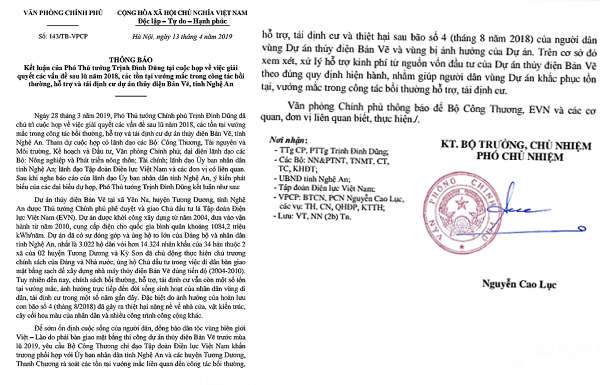 Kết luận của Phó Thủ tướng Trịnh Đình Dũng chỉ đạo giải quyết tồn tại, vướng mắc liên quan Thủy điện Bản Vẽ