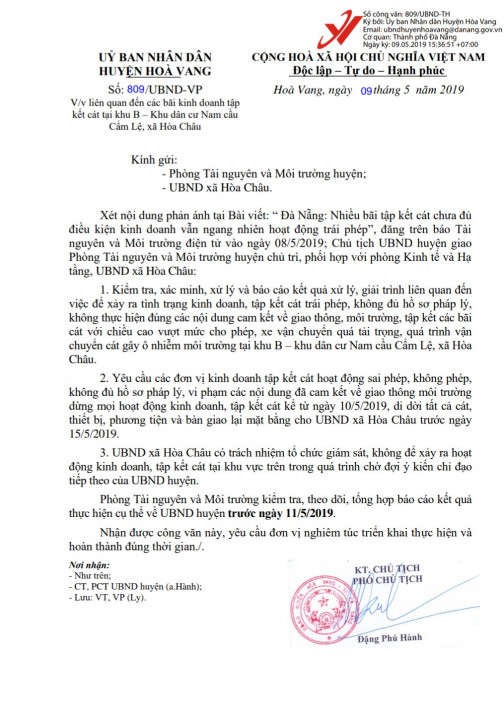Công văn số 809/UBND-VP ngày 09/5/2019 của UBND huyện Hòa Vang