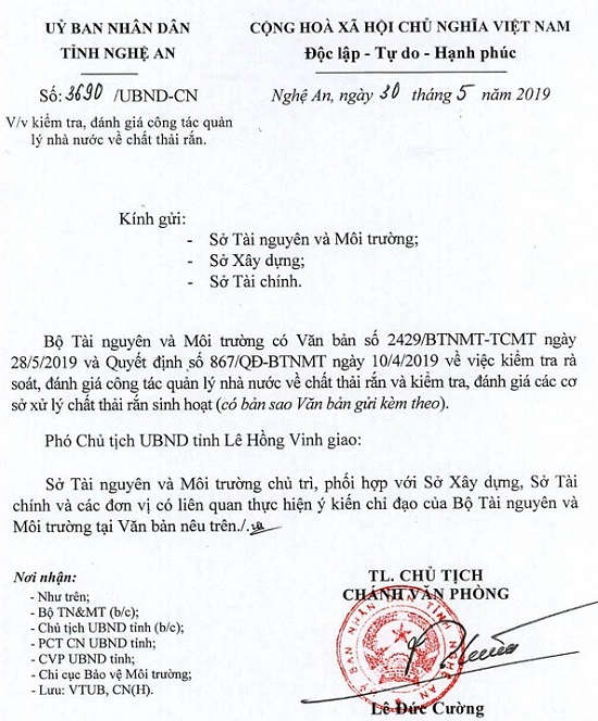 Văn bản UBND tỉnh Nghệ An chỉ đạo các Sở, ngành liên quan chuẩn bị nội dung về kiểm tra, đánh giá công tác quản lý nhà nước về chất thải rắn