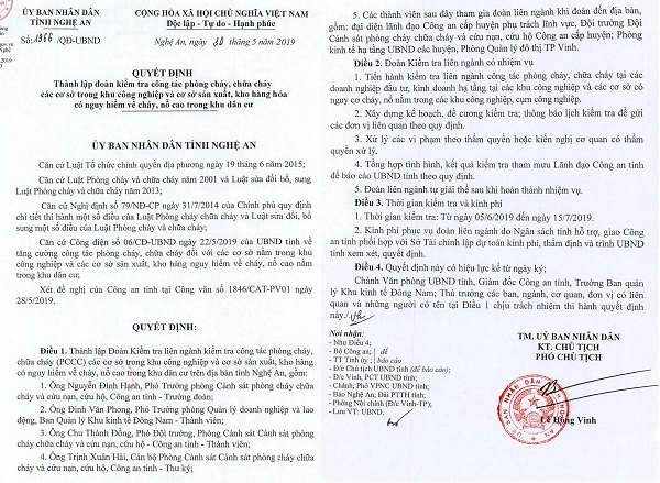 Quyết định thành lập đoàn kiểm tra liên ngành kiểm tra công tác phòng cháy, chữa cháy trên địa bàn tỉnh Nghệ An