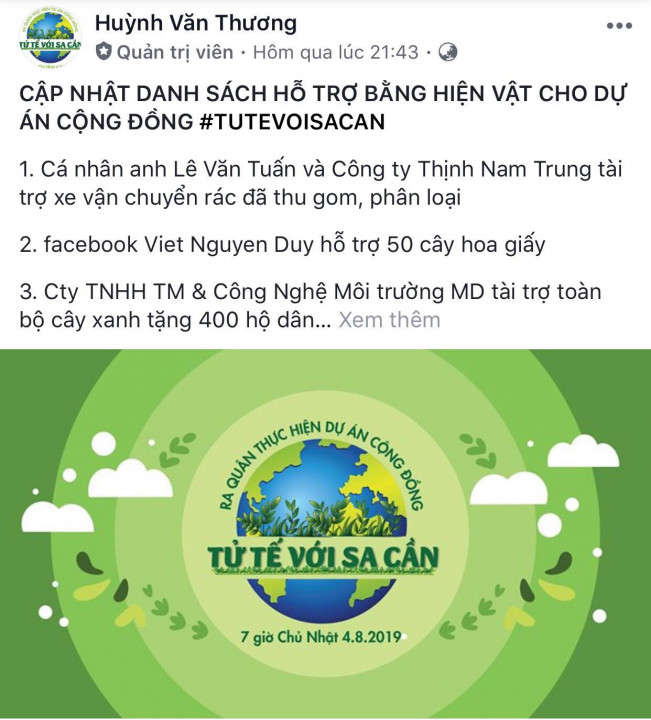 Qua gần 1 tháng sau khi triển khai, dự án “Tử tế với Sa Cần” của anh Thương đã thu hút sự quan tâm và hưởng ứng rất tích cực từ cộng đồng, người dân. Ngày càng có nhiều thành viên đăng ký tham gia, ủng hộ, chia sẻ các phần việc. Ảnh cắt từ Facebook