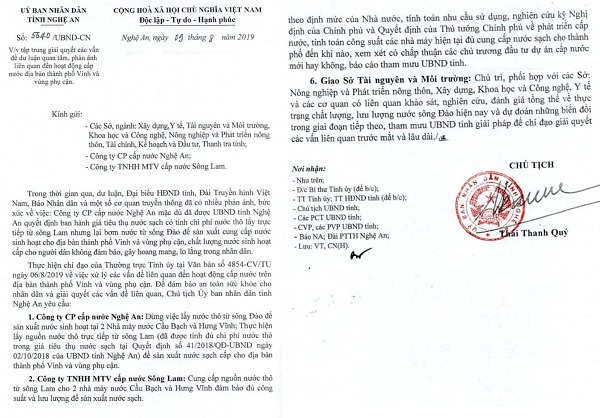 Văn bản UBND tỉnh Nghệ An chỉ đạo giải quyết các vấn đề dư luận quan tâm, phản ánh liên quan đến hoạt động cấp nước địa bàn TP Vinh và vùng phụ cận